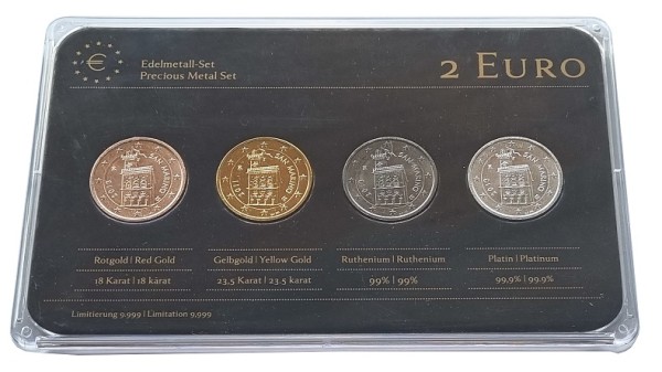 San Marino 4 x 2 Euro Regierungspalast Prestige Edelmetall - Set Rotgold, Gold, Ruthenium u. Platin