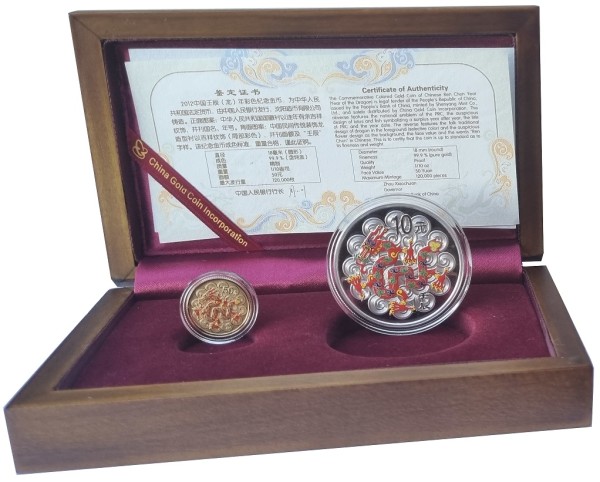 China Gold - Silber Set 60 Yuan Drache Farbe (Color) 2012 Polierte Platte im Etui