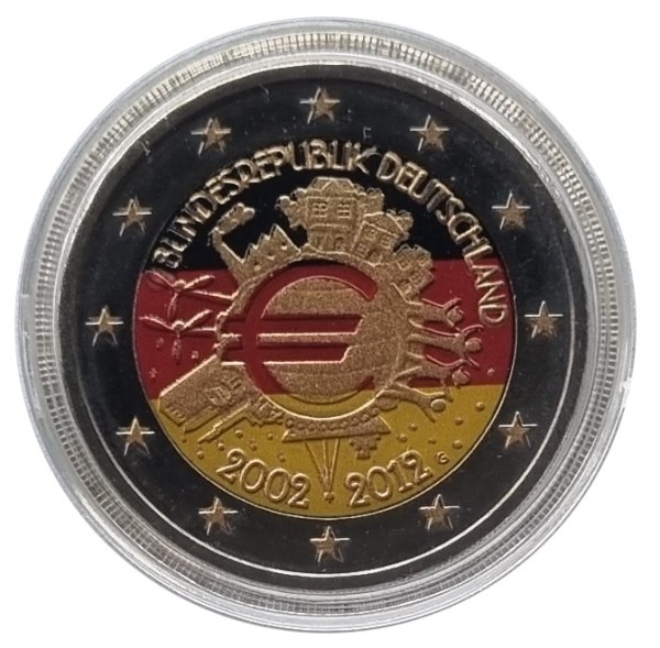 Deutschland 2 Euro Gedenkmünze - 10 Jahre Euro-Bargeld Farbmünze 2012 F in Münzkapsel