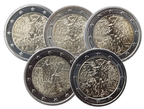 BRD: 5 x 2 Euro Münzen ADFGJ Mauerfall 2019 lose Bankfrisch