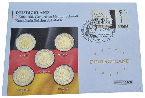 BRD: 5 x 2 Euro Münzen ADFGJ Helmut Schmidt 2018 Numisbrief mit Briefmarke u. Sonderstempel