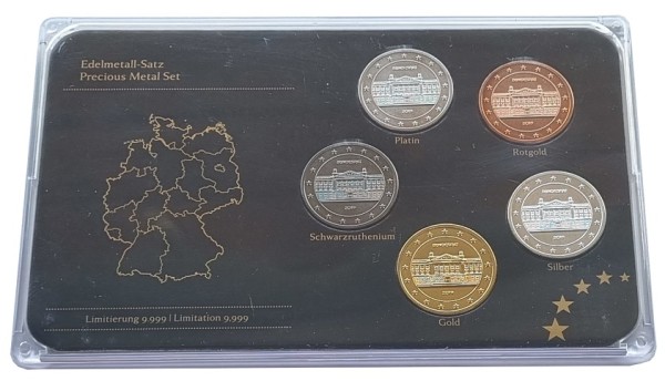 BRD: 5 x 2 Euro Proben 2019 Prestige Edelmetall - Set Rotgold, Gold, Silber, Ruthenium u. Platin