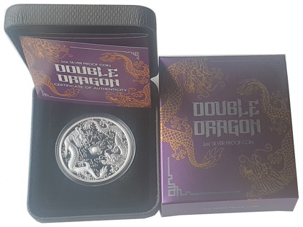 1 Oz Silber Double Dragon (Drache) 2020 PP - Polierte Platte im Etui aus Australien