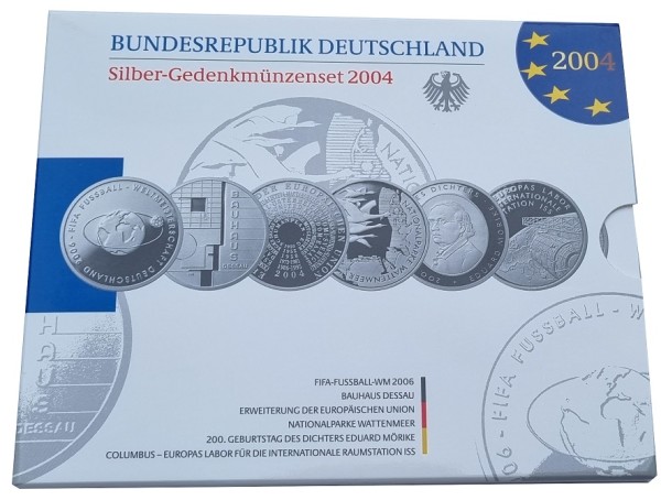 6 x 10 Euro Silber Gedenkmünzenset Deutschland 2004 Spiegelglanz im Folder