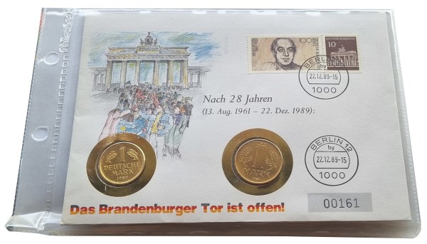 1 DM u. 1 DDR Mark vergoldet Mauerfall Numisbrief