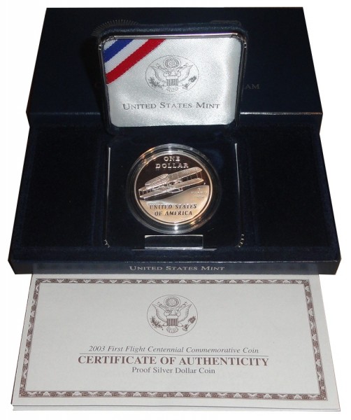 USA 1 Dollar Silbermünze First Flight (erster Motorflug) 2003 Polierte Platte