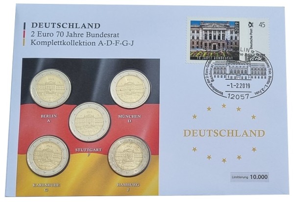BRD: 5 x 2 Euro Münzen ADFGJ Bundesrat 2019 Numisbrief mit Briefmarke u. Sonderstempel