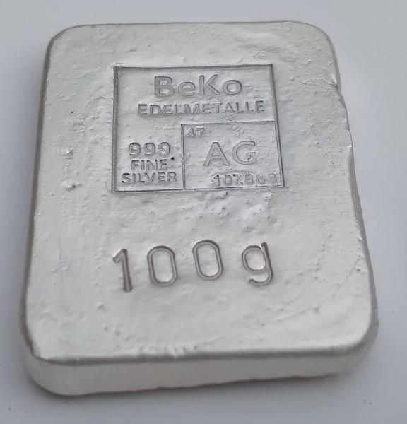 BeKo Edelmetalle 100 Gramm Silberbarren 999 Feinsilber (gegossen) Sammlerbarren