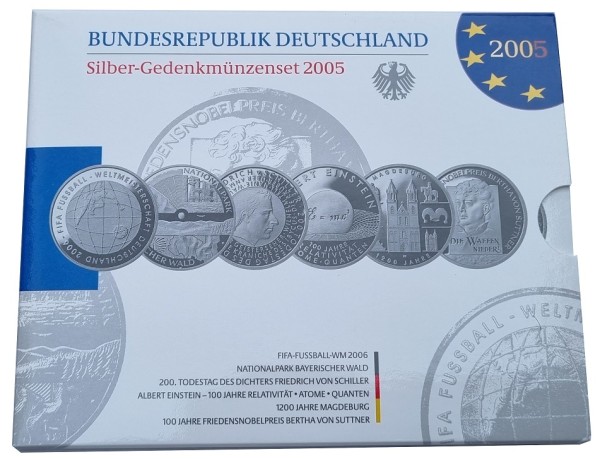 6 x 10 Euro Silber Gedenkmünzenset Deutschland 2005 Spiegelglanz im Folder