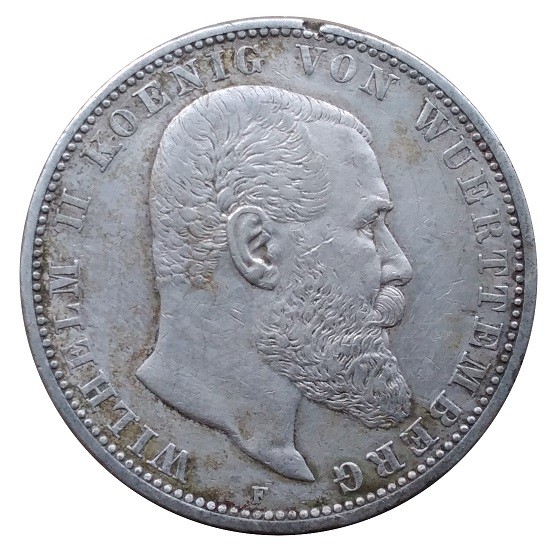 Deutsches Kaiserreich 5 Mark Silber Wilhelm II König von Württemberg 1907 F