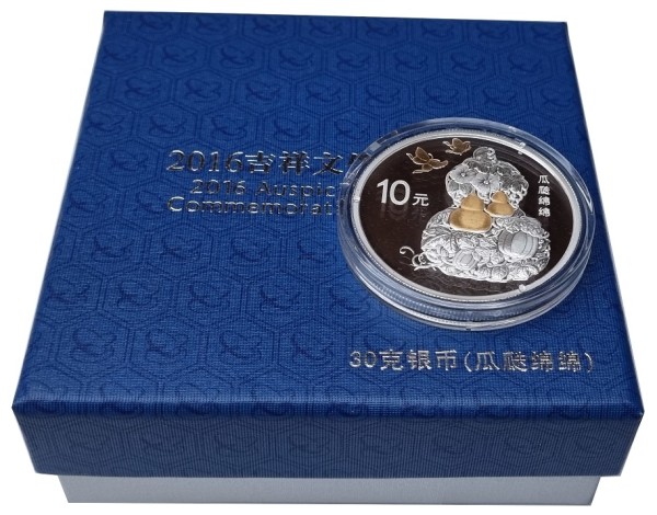 China 10 Yuan 30 gr Silbermünze Kürbis u. Schmetterlinge - Glückssymbol 2016 Polierte Platte im Etui