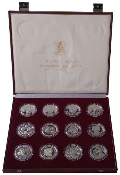Komplettsatz 12 Silbermünzen Royal Wedding Prince Charles & Lady Diana 1981 in Münzkassette