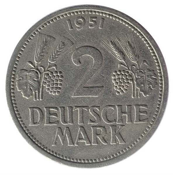 2 DM Ähren und Trauben 1951 Prägebuchstabe F Stuttgart