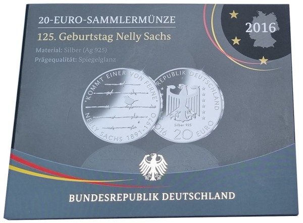 20 Euro Silber Gedenkmünze 125. Geburtstag Nelly Sachs 2016 PP Spiegelglanz Blister