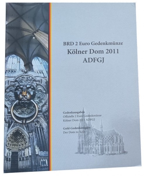 BRD: 5 x 2 Euro Münzen ADFGJ Kölner Dom vergoldet 2011 im Folder
