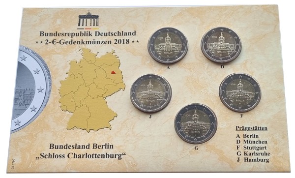 BRD: 5 x 2 Euro Münzen ADFGJ Schloss Charlottenburg 2018 im Folder