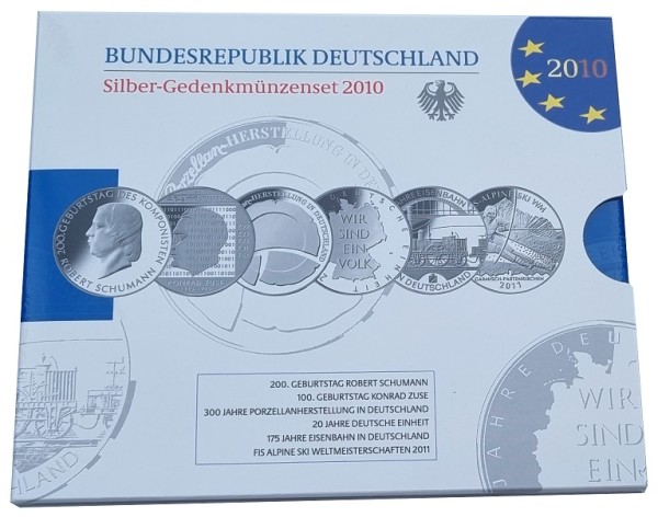 6 x 10 Euro Silber Gedenkmünzenset Deutschland 2010 Spiegelglanz im Folder