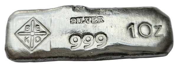 BeKo Edelmetalle 1 Oz Silberbarren - Langbarren 999 Feinsilber (gegossen) Sammlerbarren