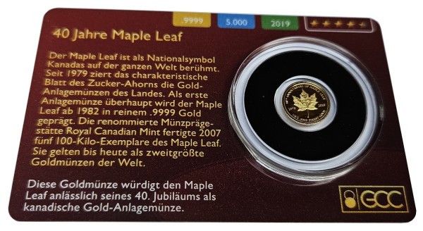 Gabun 0,5 gr Goldmünze 40 Jahre Maple Leaf 2019 Polierte Platte im Blister