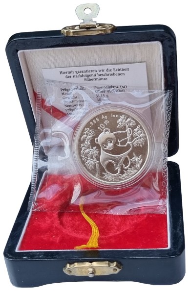 China 10 Yuan 1 Oz Silber Panda 1992 Stempelglanz - Original verschweist im Etui