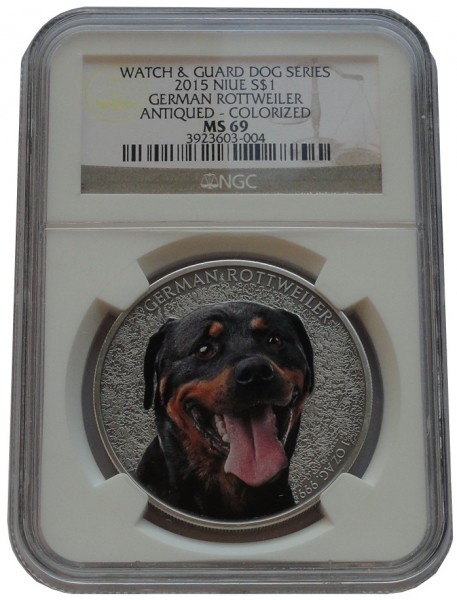 Niue 1 Dollar 1 Oz Silber German Rottweiler (Deutscher Rottweiler) Farbe NGC MS – 69