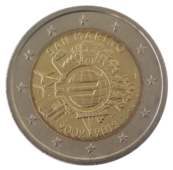 San Marino 2 Euro Gedenkmünze 10 Jahre Euro Bargeld 2012 in Münzkapsel