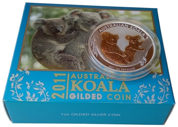 Australien 1 Oz Silber Koala 2011 vergoldet Gilded im Etui