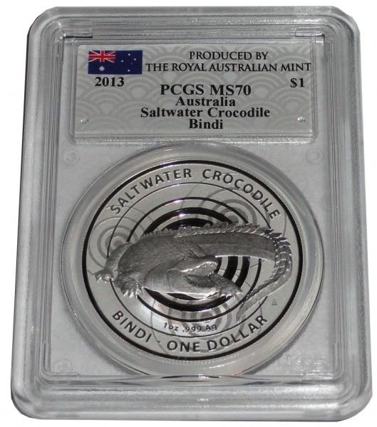 SONDERANGEBOT ! Australien 1 Oz Silber Salzwasser - Krokodil Bindi 2013 PCGS MS - 70