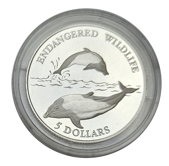 Niue Silbermünze Delfine Bedrohte Tierwelt 1992 - Polierte Platte in Münzkapsel