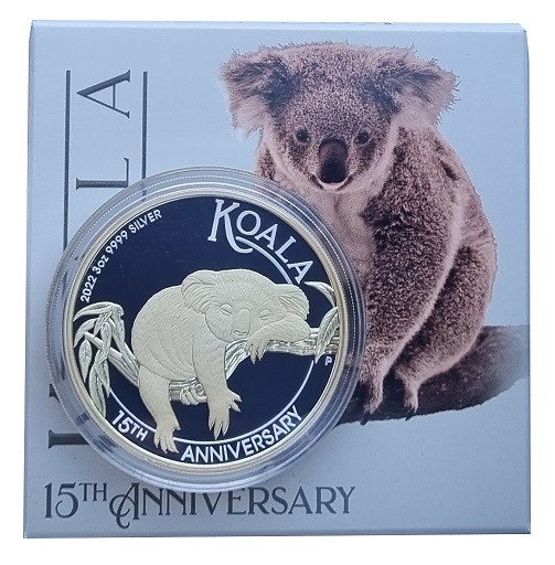 Australien 3 Oz Silber 15 Jahre Koala 2022 Proof Gilded (Teilvergoldet)