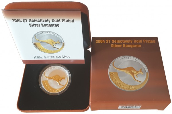 1 Oz Silber Känguru 2004 im Etui - Stgl vergoldet (Gilded) aus Australien