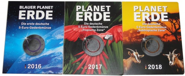 5 x 5 Euro Blauer Planet 2016, Tropische Zone 2017, Subtropische Zone 2018 STGL ADFGJ MDM Folder