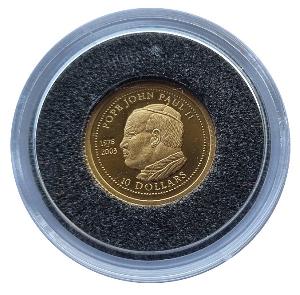 Liberia 10 Dollars 1,24 gr Gold - Papst Johannes Paul II 2003 Polierte Platte in Münzkapsel