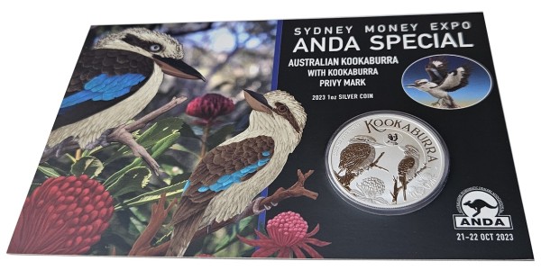 Australien 1 Oz Silber Kookaburra 2023 Privy Kookaburra - Perth Money Expo - Sydney Special Blister