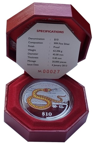 Singapur 10 $ 2 Oz Silbermünze Schlange Farbe 2013 Polierte Platte im Etui
