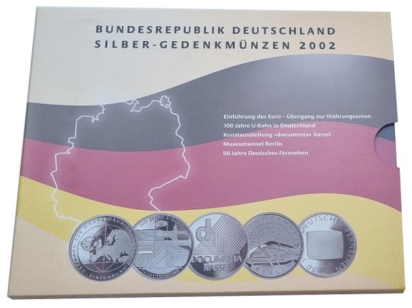 5 x 10 Euro Silber Gedenkmünzenset Deutschland 2002 Spiegelglanz im Folder