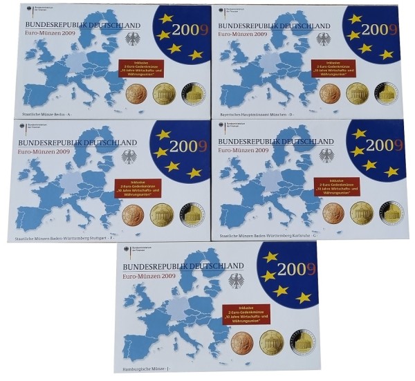 BRD: 5 x 5,88 Euro Kursmünzensatz ADFGJ 2009 Spiegelglanz - Original Blisterverpackung