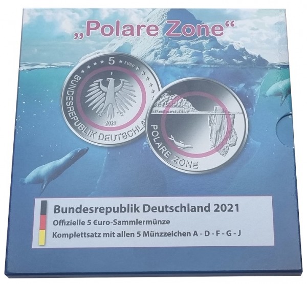 BRD: 5 x 5 Euro Polare Zone 2021 ADFGJ Stempelglanz im Blister