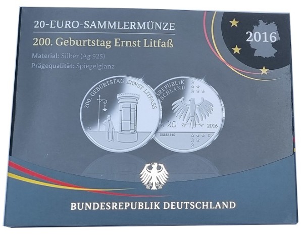 20 Euro Silber Gedenkmünze 200. Geburtstag Ernst Litfaß 2016 PP Spiegelglanz Blister