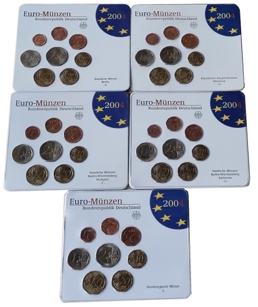 BRD: 5 x 3,88 Euro Kursmünzensatz ADFGJ 2004 Stempelglanz - Original Blisterverpackung