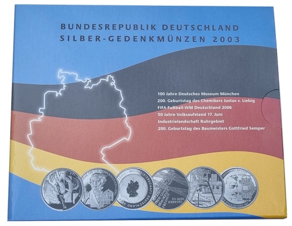 6 x 10 Euro Silber Gedenkmünzenset Deutschland 2003 Spiegelglanz im Folder