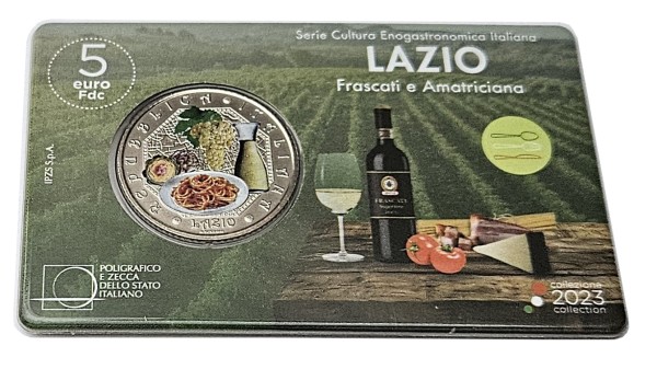 Italien 5 Euro Lazio - Frascati e Amatriciana 2023 in Coincard - Italiens Küchen - und Weinkultur