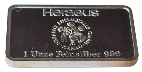 1 Oz Silberbarren Heraeus 31,1 gr 999/1000 Feinsilber
