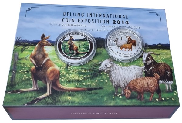 Australien 2 x 1/2 Oz Silbermünzen - Set (Känguru + Ziege) Farbe Beijing International Coin Show