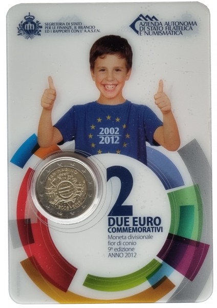 San Marino 2 Euro Gedenkmünze 10 Jahre Euro Bargeld 2012 im Blister