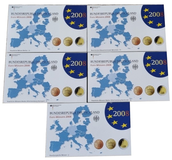 BRD: 5 x 5,88 Euro Kursmünzensatz ADFGJ 2008 Spiegelglanz - Original Blisterverpackung