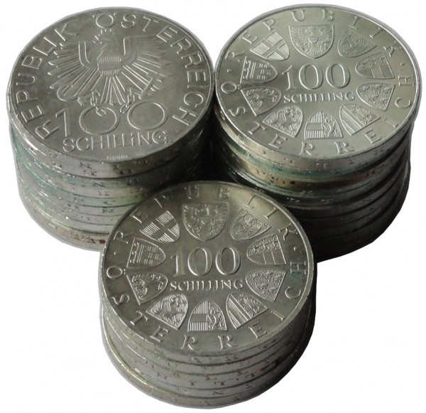 100 Schilling Münze Österreich Silber Stempelglanz 1974 - 1979