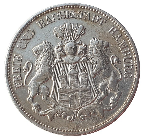Deutsches Kaiserreich 5 Mark Silber Freie und Hansestadt Hamburg 1908 J