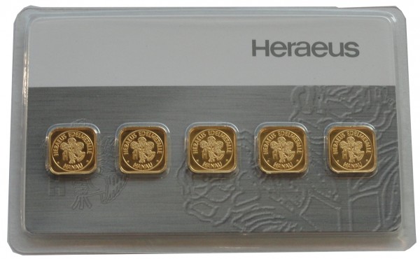 Heraeus 5 x 1 gr Goldbarren 999/1000 Feingoldbarren Blisterkarte