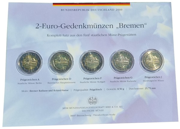 BRD: 5 x 2 Euro Münzen ADFGJ Bremer Rathaus u. Roland-Statue in Bremen 2010 im Folder